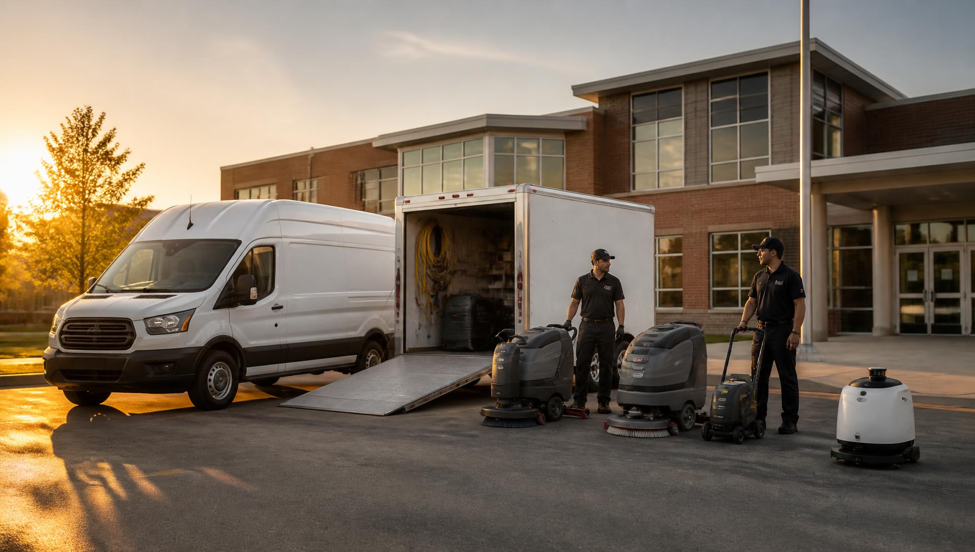 Pike Advantage service vans staged outside a school with floor scrubbers and an autonomous cleaning robot